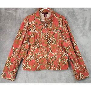 Jones Wear Jeans Jacket Womens XL Coral Green Corduroy Floral Psychedelic